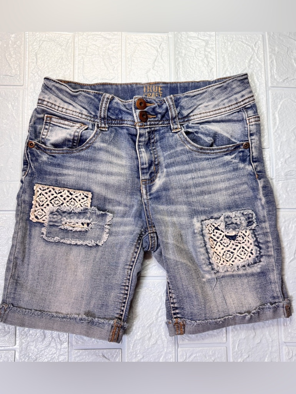 True Craft Distressed Denim Shorts with Lace Patches - Blue